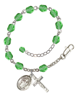 Silver-Plated 6mm Fire-Polished Saint Stanislaus Rosary Bracelet in Peridot Engraved Catholic Saint Jewelry