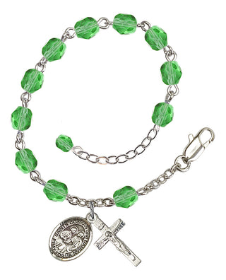 Silver-Plated 6mm Fire-Polished Saints Cosmas & Damian Rosary Bracelet in Peridot Engraved Catholic Saint Jewelry