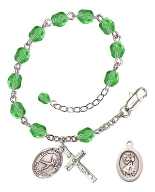 Adjustable Silver Plated 6mm Fire Polished Saint Christopher/Figure Skating Rosary Bracelet in Peridot