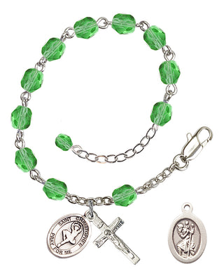 Silver-Plated 6mm Fire-Polished Saint Christopher/Dance Rosary Bracelet in Peridot Engraved Catholic Saint Jewelry