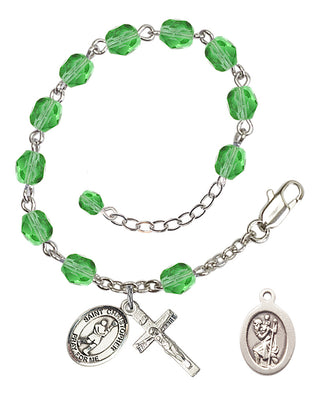 Adjustable Silver Plated 6mm Fire Polished Saint Christopher/Lacrosse Rosary Bracelet in Peridot