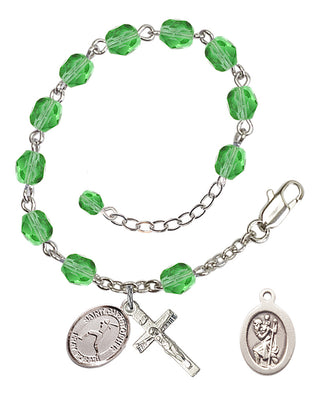 Adjustable Silver Plated 6mm Fire Polished Saint Christopher/Softball Rosary Bracelet in Peridot