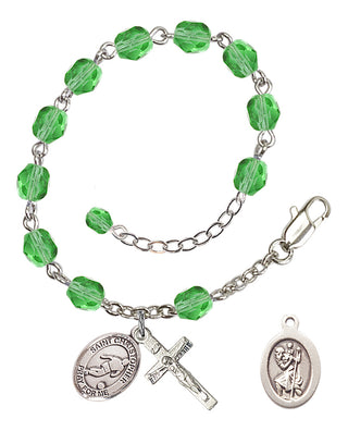 Adjustable Silver Plated 6mm Fire Polished Saint Christopher/Soccer Rosary Bracelet in Peridot