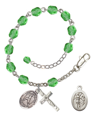 Adjustable Silver Plated 6mm Fire Polished Saint Sebastian/Baseball Rosary Bracelet in Peridot