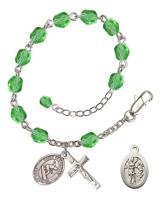 Adjustable Silver Plated 6mm Fire Polished Saint Sebastian/Surfing Rosary Bracelet in Peridot