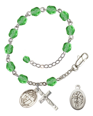 Adjustable Silver Plated 6mm Fire Polished Saint Sebastian / Volleyball Rosary Bracelet in Peridot