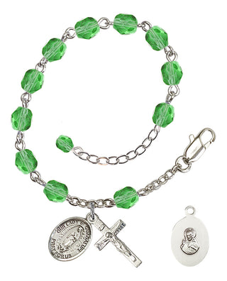Silver-Plated 6mm Fire-Polished Our Lady of Guadalupe Rosary Bracelet in Peridot Engraved Catholic Saint Jewelry