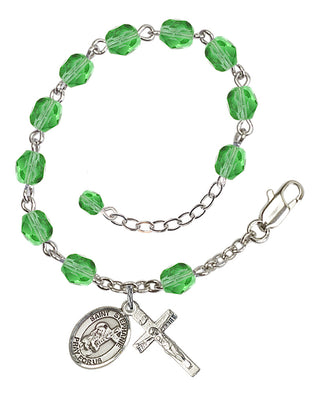 Silver-Plated 6mm Fire-Polished Saint Stephanie Rosary Bracelet in Peridot Engraved Catholic Saint Jewelry