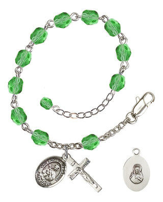 Adjustable Silver Plated 6mm Fire Polished Our Lady of Mount Carmel Rosary Bracelet in Peridot
