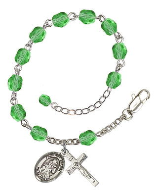 Silver-Plated 6mm Fire-Polished Saint Isaiah Rosary Bracelet in Peridot Engraved Catholic Saint Jewelry