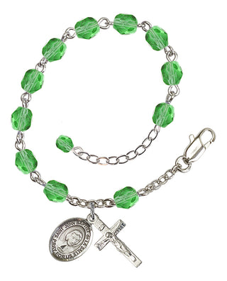 Silver-Plated 6mm Fire-Polished Saint John Baptist de la Salle Rosary Bracelet in Peridot Engraved Catholic Saint Jewelry