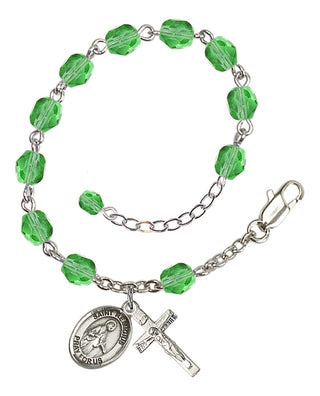 Silver-Plated 6mm Fire-Polished Saint Remigius of Reims Rosary Bracelet in Peridot Engraved Catholic Saint Jewelry