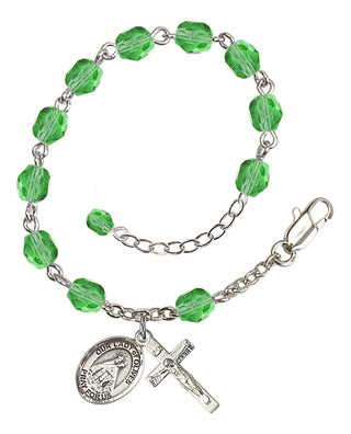 Silver-Plated 6mm Fire-Polished Our Lady of Olives Rosary Bracelet in Peridot Engraved Catholic Saint Jewelry
