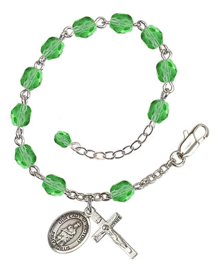 Silver-Plated 6mm Fire-Polished Our Lady of Victory Rosary Bracelet in Peridot Engraved Catholic Saint Jewelry