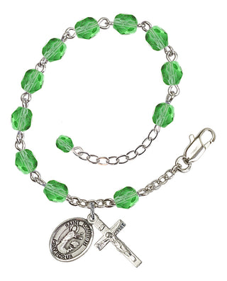 Silver-Plated 6mm Fire-Polished Saint Kenneth Rosary Bracelet in Peridot Engraved Catholic Saint Jewelry