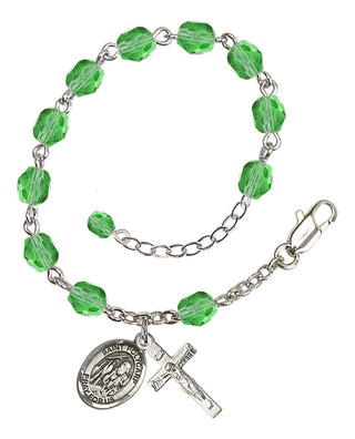 Silver-Plated 6mm Fire-Polished Saint Polycarp of Smyrna Rosary Bracelet in Peridot Engraved Catholic Saint Jewelry