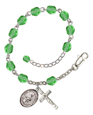 Silver-Plated 6mm Fire-Polished Saint Simon the Apostle Rosary Bracelet in Peridot Engraved Catholic Saint Jewelry