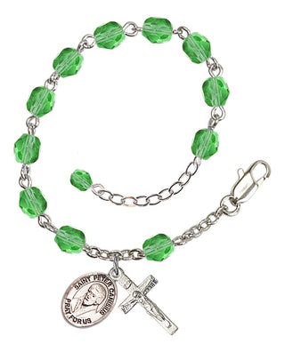 Silver-Plated 6mm Fire-Polished Saint Peter Canisius Rosary Bracelet in Peridot Engraved Catholic Saint Jewelry