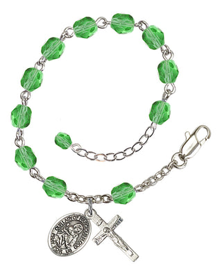 Silver-Plated 6mm Fire-Polished Our Lady of Precious Blood Rosary Bracelet in Peridot Engraved Catholic Saint Jewelry