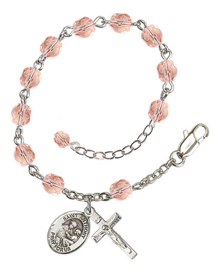Silver-Plated 6mm Fire-Polished Saint Anthony of Padua Rosary Bracelet in Pink Engraved Catholic Saint Jewelry