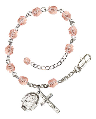 Silver-Plated 6mm Fire-Polished Saint Benjamin Rosary Bracelet in Pink Engraved Catholic Saint Jewelry