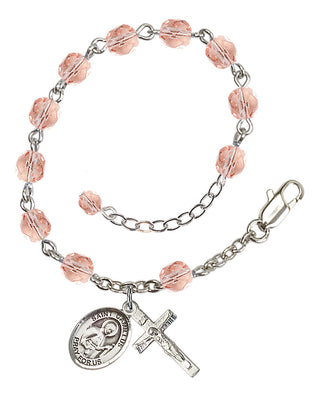 Silver-Plated 6mm Fire-Polished Saint Camillus of Lellis Rosary Bracelet in Pink Engraved Catholic Saint Jewelry