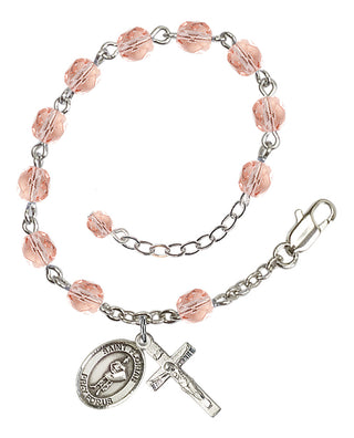 Silver-Plated 6mm Fire-Polished Saint Florian Rosary Bracelet in Pink Engraved Catholic Saint Jewelry