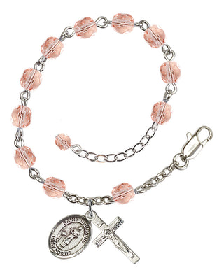 Silver-Plated 6mm Fire-Polished Saint Genesius of Rome Rosary Bracelet in Pink Engraved Catholic Saint Jewelry