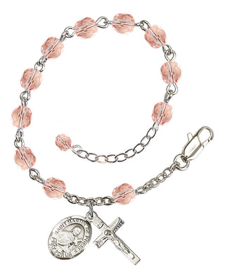 Silver-Plated 6mm Fire-Polished Saint Martin de Porres Rosary Bracelet in Pink Engraved Catholic Saint Jewelry