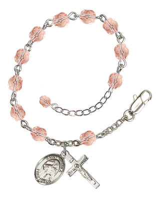 Silver-Plated 6mm Fire-Polished Saint Ursula Rosary Bracelet in Pink Engraved Catholic Saint Jewelry