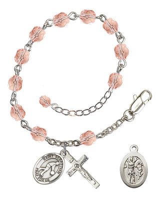 Adjustable Silver Plated 6mm Fire Polished Saint Sebastian/Basketball Rosary Bracelet in Pink