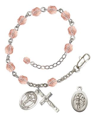 Adjustable Silver Plated 6mm Fire Polished Saint Sebastian/Cheerleading Rosary Bracelet in Pink