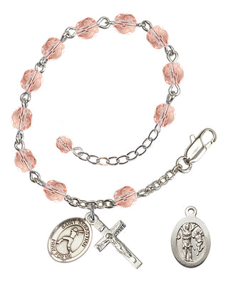 Silver-Plated 6mm Fire-Polished Saint Sebastian/Softball Rosary Bracelet in Pink Engraved Catholic Saint Jewelry