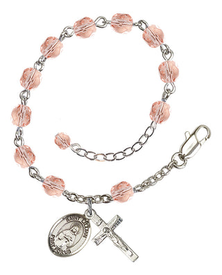 Silver-Plated 6mm Fire-Polished Saint Lillian Rosary Bracelet in Pink Engraved Catholic Saint Jewelry