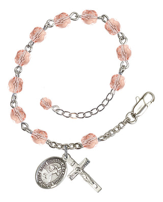 Silver-Plated 6mm Fire-Polished Saint Bernard of Clairvaux Rosary Bracelet in Pink Engraved Catholic Saint Jewelry