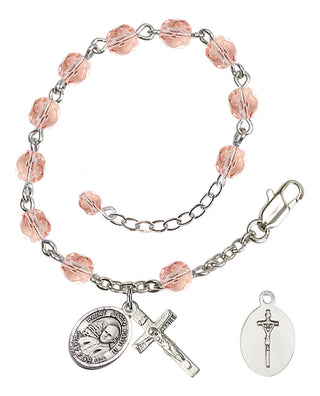 Adjustable Silver Plated 6mm Fire Polished Saint John Paul II Rosary Bracelet in Pink