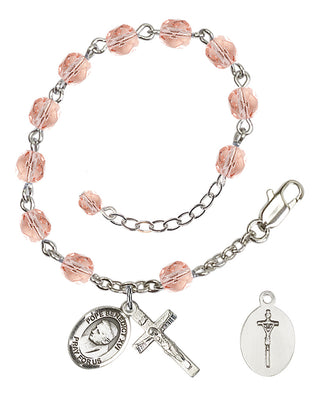 Adjustable Silver Plated 6mm Fire Polished Pope Emeritace Benedict XVI Rosary Bracelet in Pink