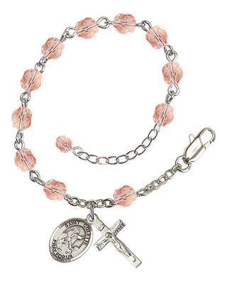 Silver-Plated 6mm Fire-Polished Saint Colette Rosary Bracelet in Pink Engraved Catholic Saint Jewelry