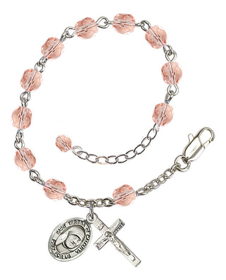 Silver-Plated 6mm Fire-Polished Saint Teresa of Calcutta Rosary Bracelet in Pink Engraved Catholic Saint Jewelry