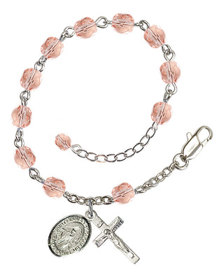 Silver-Plated 6mm Fire-Polished Saint Finnian of Clonard Rosary Bracelet in Pink Engraved Catholic Saint Jewelry