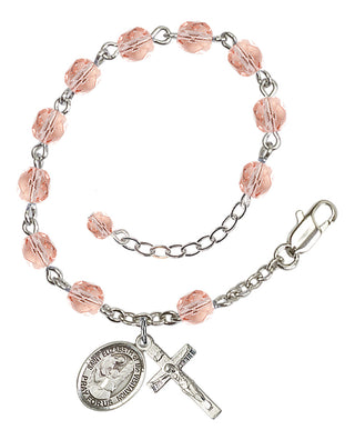 Silver-Plated 6mm Fire-Polished Saint Elizabeth of the Visitation Rosary Bracelet in Pink Engraved Catholic Saint Jewelry