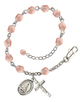 Silver-Plated 6mm Fire-Polished Saint Edburga of Winchester Rosary Bracelet in Pink Engraved Catholic Saint Jewelry