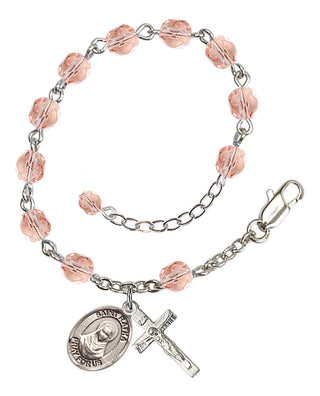 Silver-Plated 6mm Fire-Polished Saint Rafka Rosary Bracelet in Pink Engraved Catholic Saint Jewelry