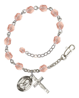 Silver-Plated 6mm Fire-Polished Saint Anselm of Canterbury Rosary Bracelet in Pink Engraved Catholic Saint Jewelry