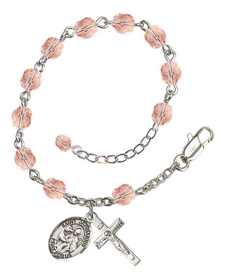 Silver-Plated 6mm Fire-Polished Saint Januarius Rosary Bracelet in Pink Engraved Catholic Saint Jewelry