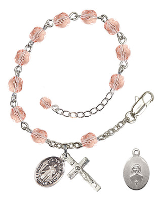 Adjustable Silver Plated 6mm Fire Polished Divine Mercy Rosary Bracelet in Pink