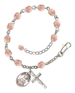 Silver-Plated 6mm Fire-Polished Saint Honorius of Amiens Rosary Bracelet in Pink Engraved Catholic Saint Jewelry