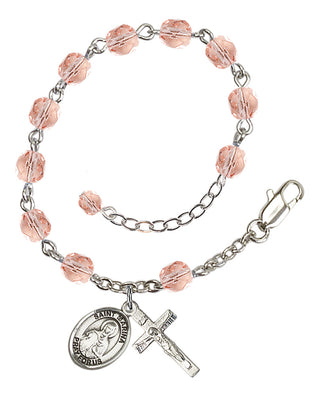 Silver-Plated 6mm Fire-Polished Saint Marina Rosary Bracelet in Pink Engraved Catholic Saint Jewelry