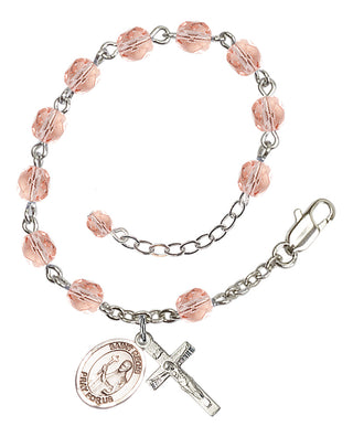 Silver-Plated 6mm Fire-Polished Saint Regis Rosary Bracelet in Pink Engraved Catholic Saint Jewelry
