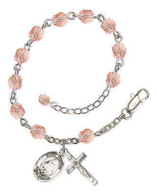 Silver-Plated 6mm Fire-Polished Saint Theodora Rosary Bracelet in Pink Engraved Catholic Saint Jewelry